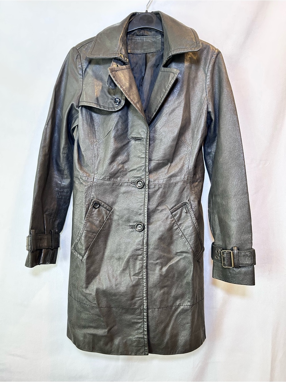 Y2K Le Château Black Leather Trench Coat Painted Back Graphic 90’s Grunge Size S - Picture 9 of 14